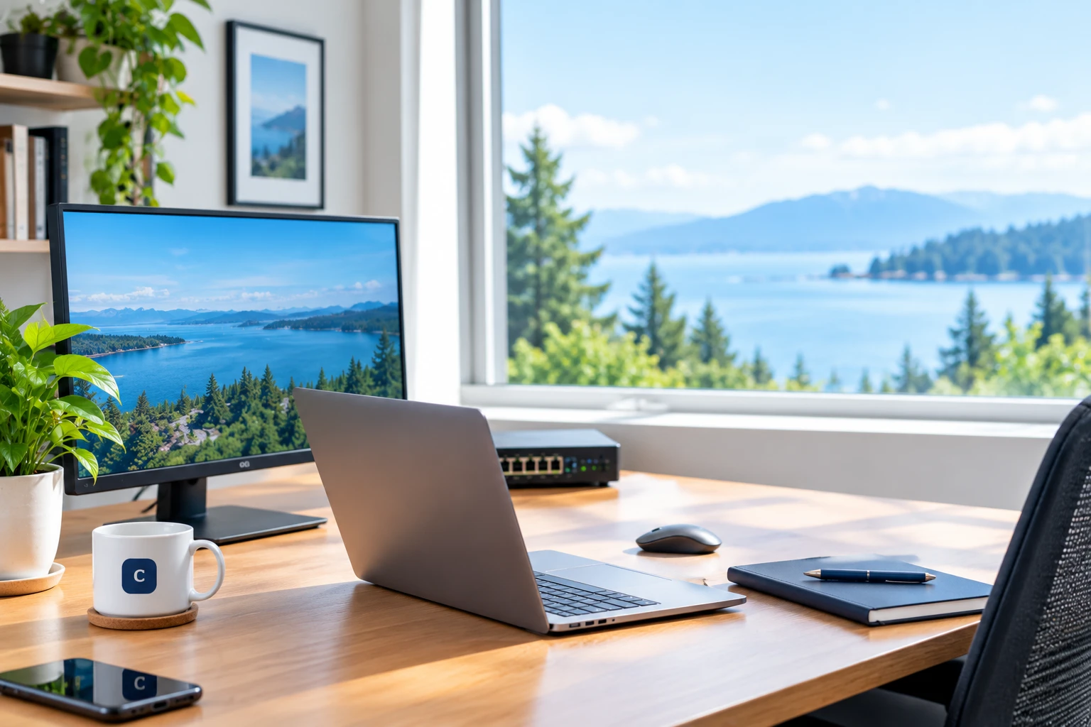 Bright home office desk with laptop and monitor overlooking the water in Greater Victoria